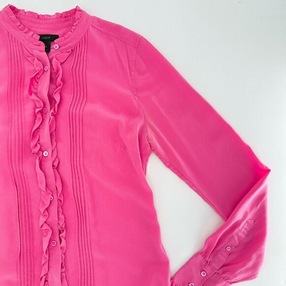 J.Crew Ruffle Silk Button-Up Bright Pink Blouse Size 4T Boho Preppy See Photos - Picture 10 of 12